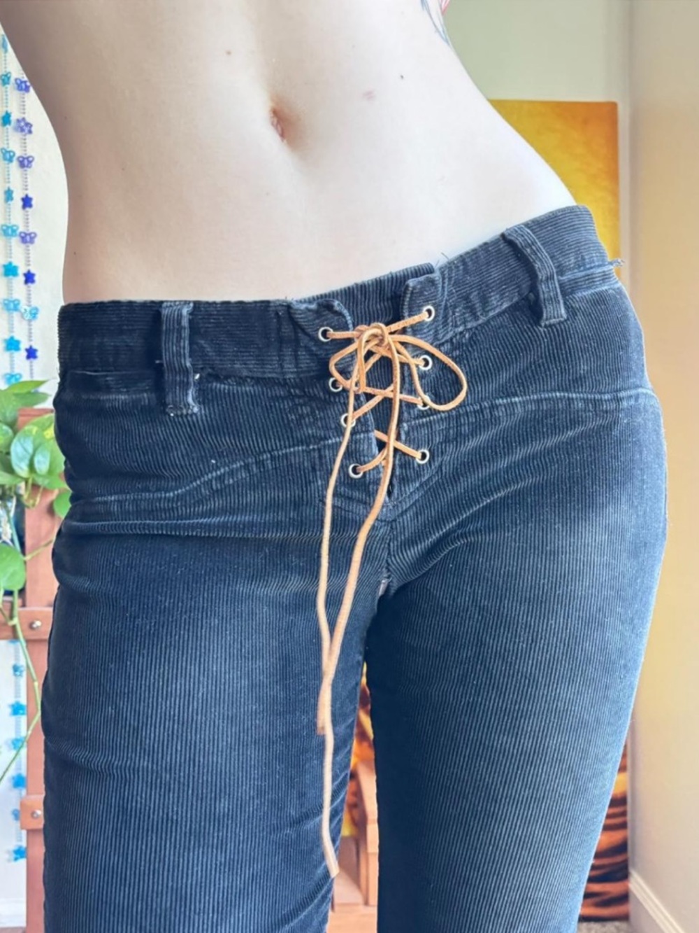 Lace-Up Corduroy Women’s Jeans in Black